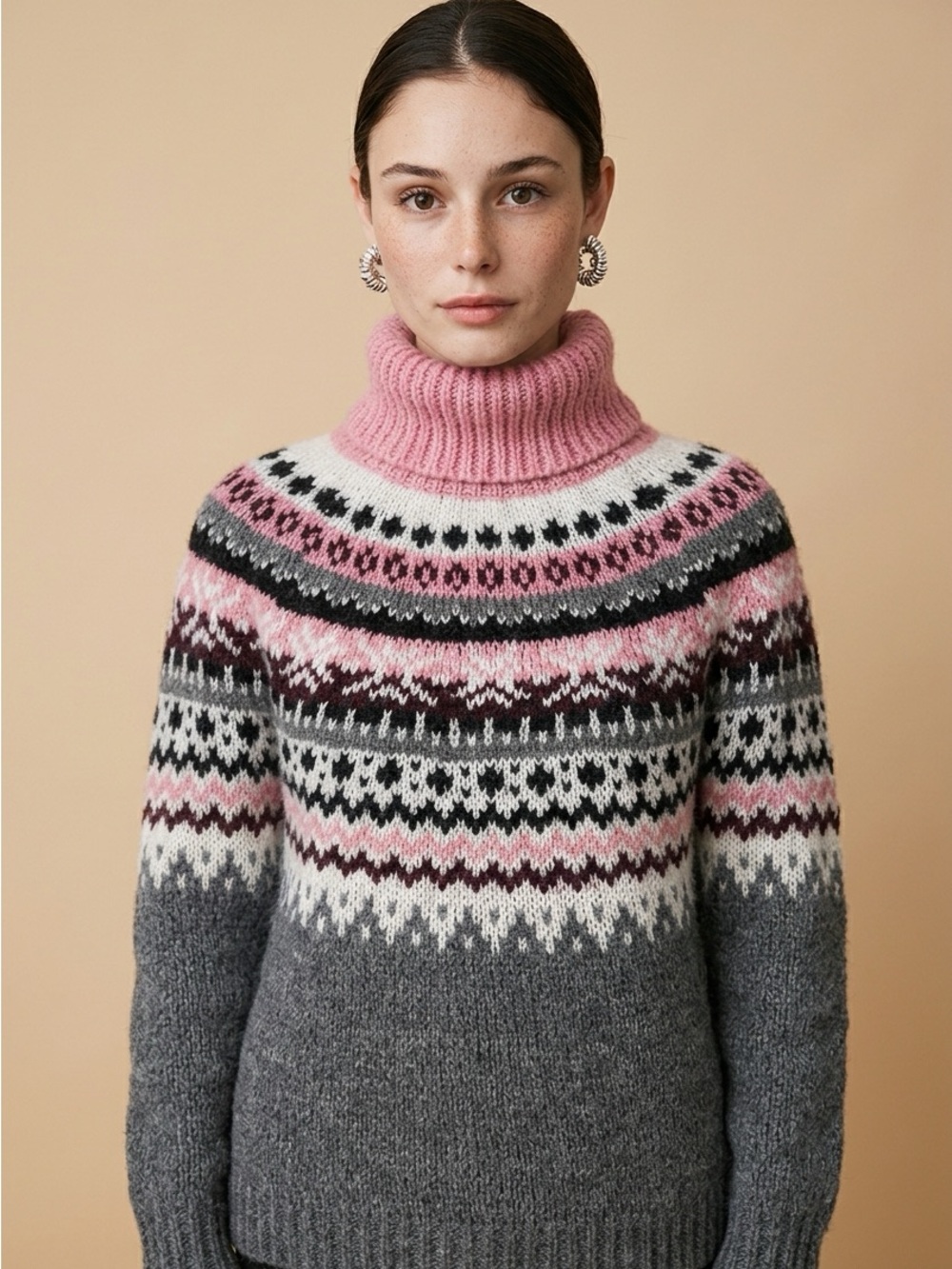 Simons Acrylic Mohair Blend Fair Isle Turtleneck Cottagecore Sweater-M